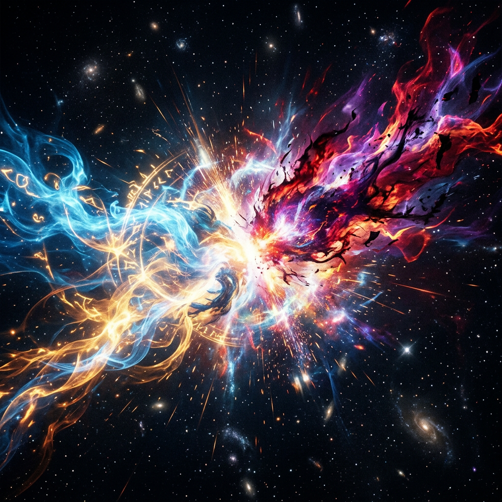 Two streams of blue and red cosmic energy colliding in space with stars and galaxies around